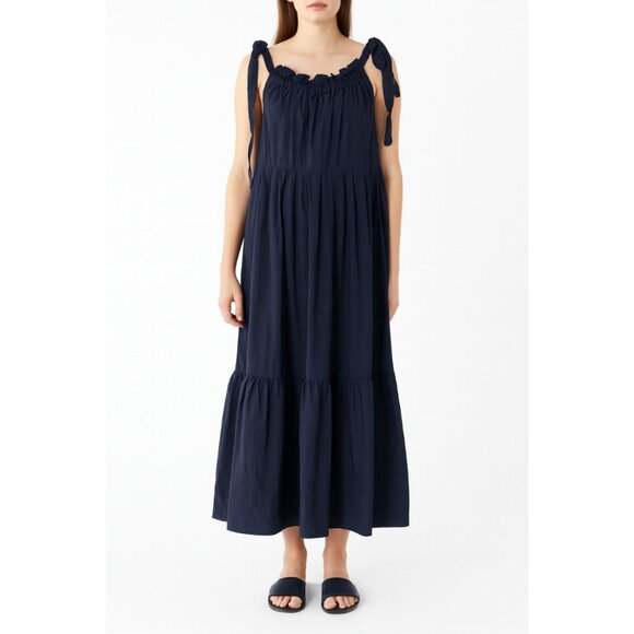 Weekend MaxMara Navy Blue Tiered Cotton Dress 10 Bow Shoulder - Picture 1 of 7